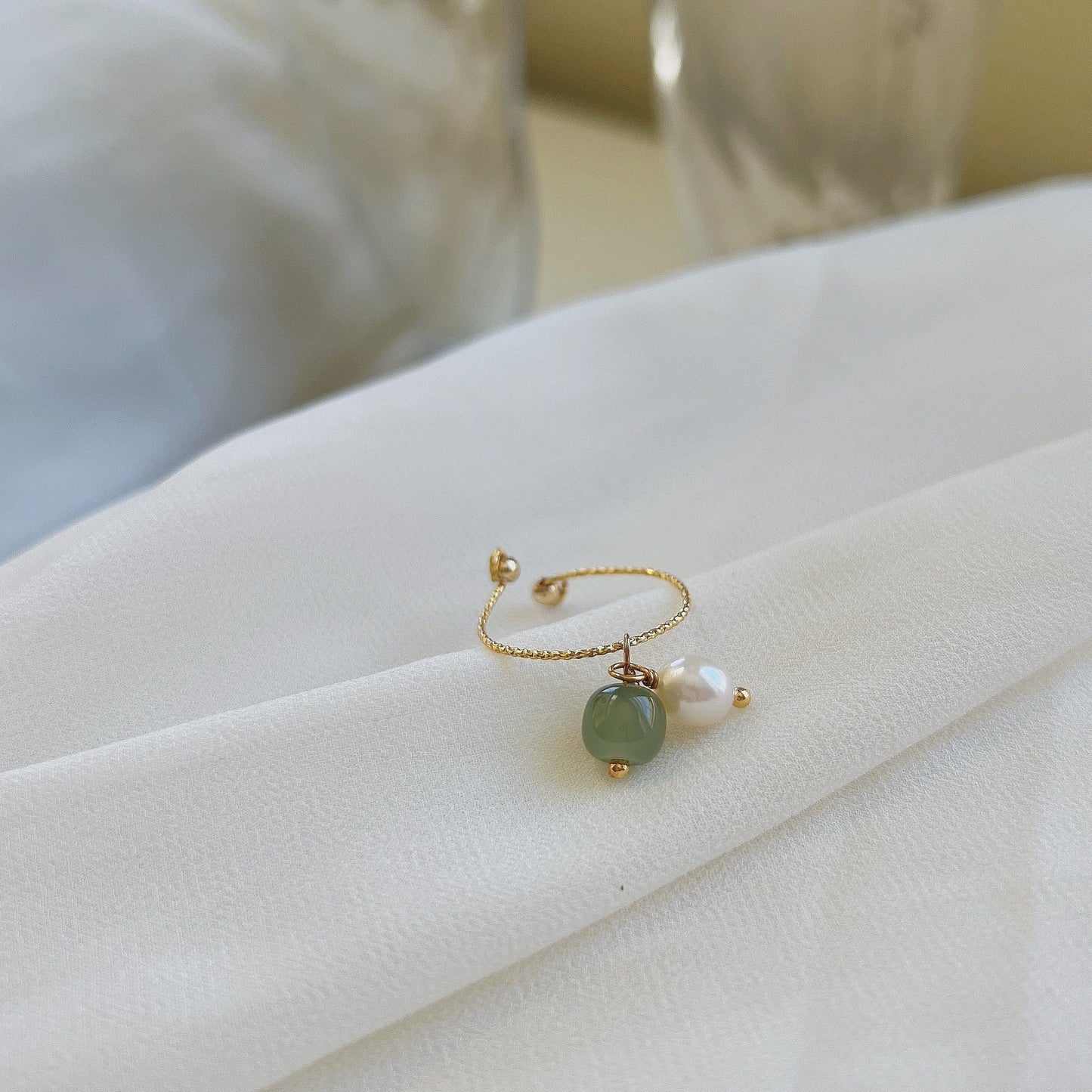 Green Jade Ring, Fresh Water Pearl Ring,  Nephrite and Pearl Ring, Adjustable Ring, Pearl Tassel Ring, Gold Jade Ring, Jade and Pearl Ring