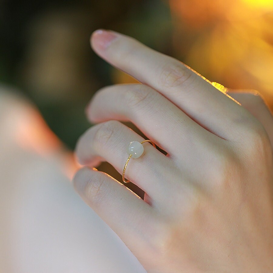 Natural Green Jade Ring, S925 Silver Adjustable Ring, Light Dark Green Jade Ring, Nephrite Stackable Ring, Vintage Dainty Jade Gold Ring