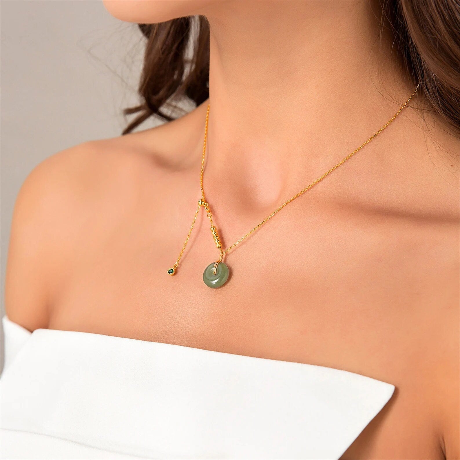 Natural Hetian Jade Necklace, Gold Silver Chain Jade Choker, Minimalist Lucky Donut Nephrite Pendant, Dainty Jade Necklace, White Jade Donut