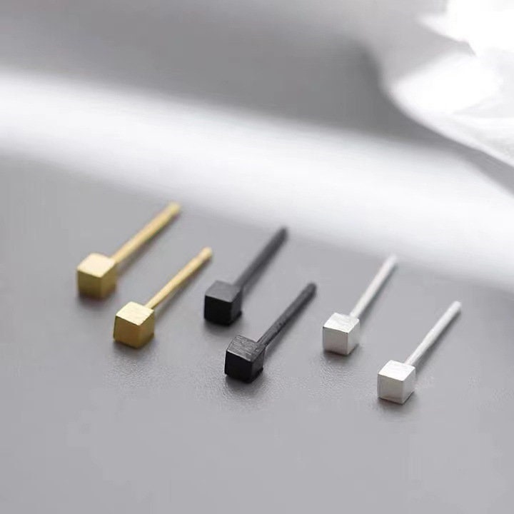 Tiny Cube Earrings, S925 Sterling Silver Earrings Stub, Gold, Silver and Black Cube, Minimalist Geometric Earrings, Mini Black Cube Earring