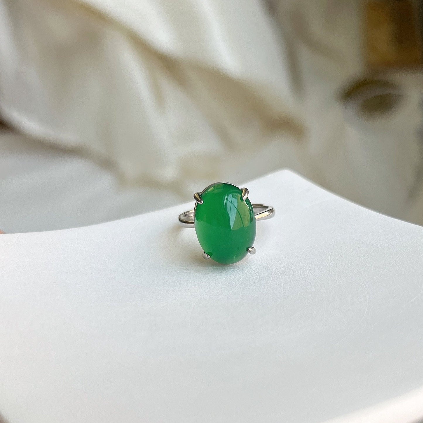 Big Green Chalcedony Ring, Oval Shape Green Natural Stone Ring with 925 Silver Band, Adjustable Gemstone Ring, Green Large Stone Ring