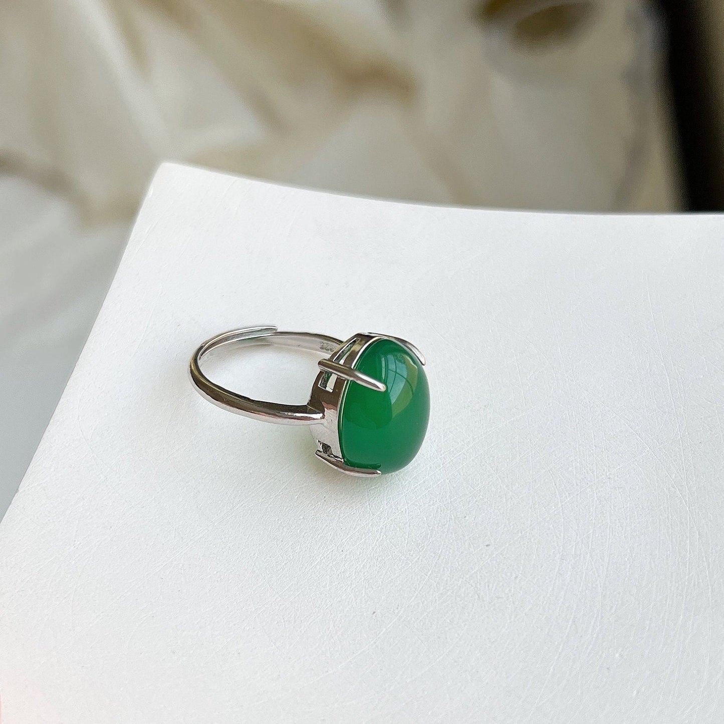 Big Green Chalcedony Ring, Oval Shape Green Natural Stone Ring with 925 Silver Band, Adjustable Gemstone Ring, Green Large Stone Ring