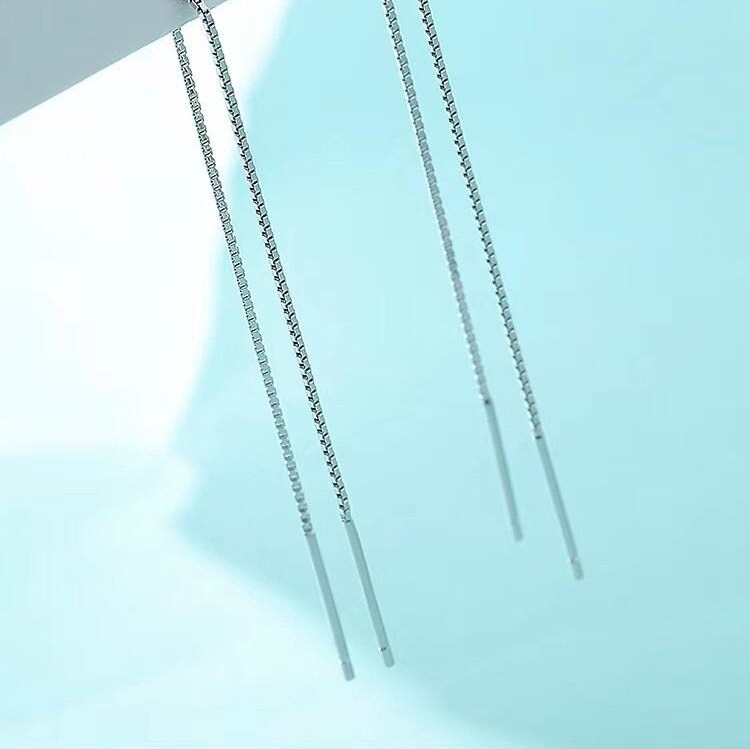 Silver Threader Earrings, Long Threader Earrings, Tiny Bar Threader Earrings, S925 Sterling Silver Earrings, Minimal Long Chain Earrings