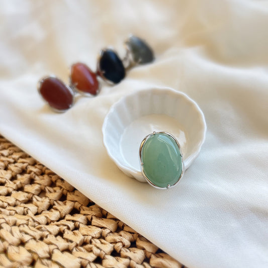 Boho Style Big Natural Stone Ring, Large Oval Ring, Big Gemstone Ring, Green Aventurine, Goldstone, Black Carnelian, Labradorite, Jasper