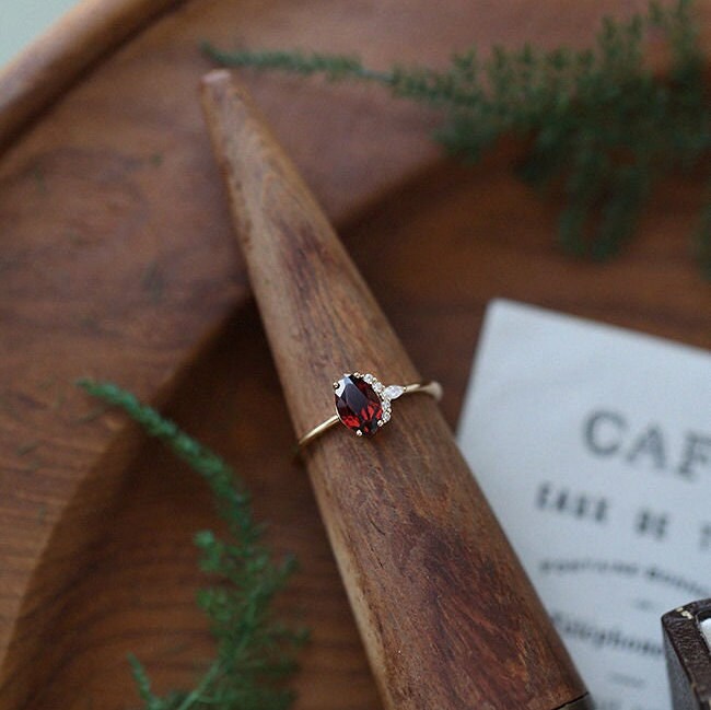 Natural Red Stone Ring, Natural Garnet Ring, S925 Silver Ring, Red Ruby Ring with diamond, Tiny Ruby Ring, Stackable Ring, Adjustable Ring