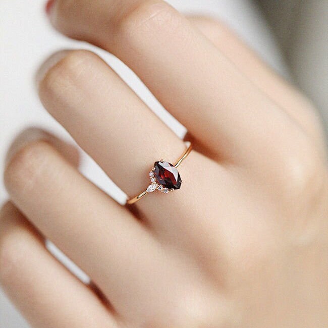 Natural Red Stone Ring, Natural Garnet Ring, S925 Silver Ring, Red Ruby Ring with diamond, Tiny Ruby Ring, Stackable Ring, Adjustable Ring