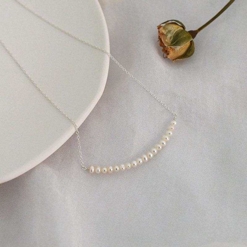 Pearl Row Necklace, 925 Sterling Silver Natural Freshwater Pearl Necklace, Dainty Pearl Necklace, Bridal Necklace, Bridesmaids Necklace