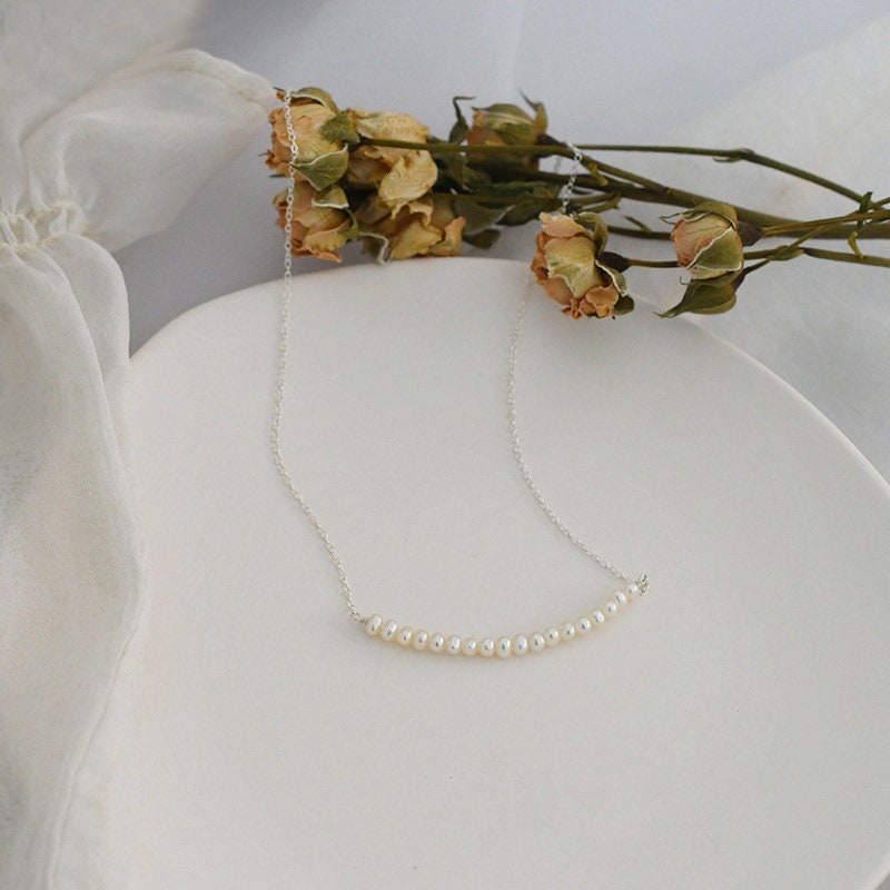 Pearl Row Necklace, 925 Sterling Silver Natural Freshwater Pearl Necklace, Dainty Pearl Necklace, Bridal Necklace, Bridesmaids Necklace