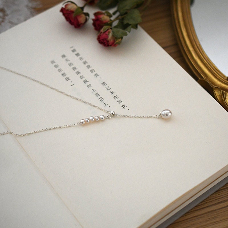 Natural Freshwater Pearl Necklace, Silver Pearl Y Necklace, Dainty Pearl Necklace, Bridal Necklace, Bridesmaids Necklace, Wedding Lariat