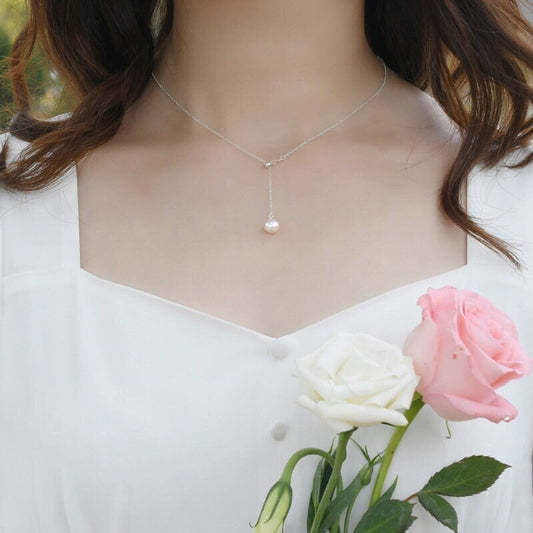 Natural Freshwater Pearl Necklace, Silver Pearl Y Necklace, Dainty Pearl Necklace, Bridal Necklace, Bridesmaids Necklace, Wedding Lariat