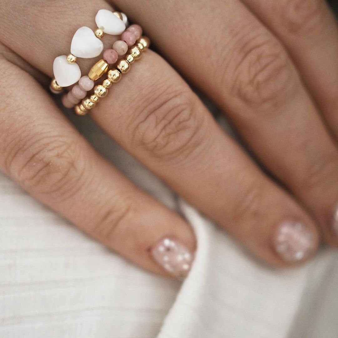 Boho Beaded Stretch Ring, Bohemia Beads Ring, Heart Shell Ring, Natural Stone Beads Ring, Rhodochrosite Beads Ring, Boho Stackable Ring