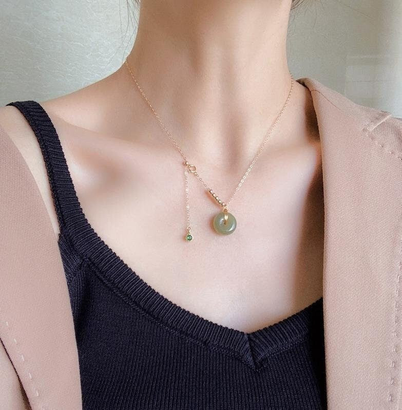 Natural Hetian Jade Necklace, Gold Silver Chain Jade Choker, Minimalist Lucky Donut Nephrite Pendant, Dainty Jade Necklace, White Jade Donut