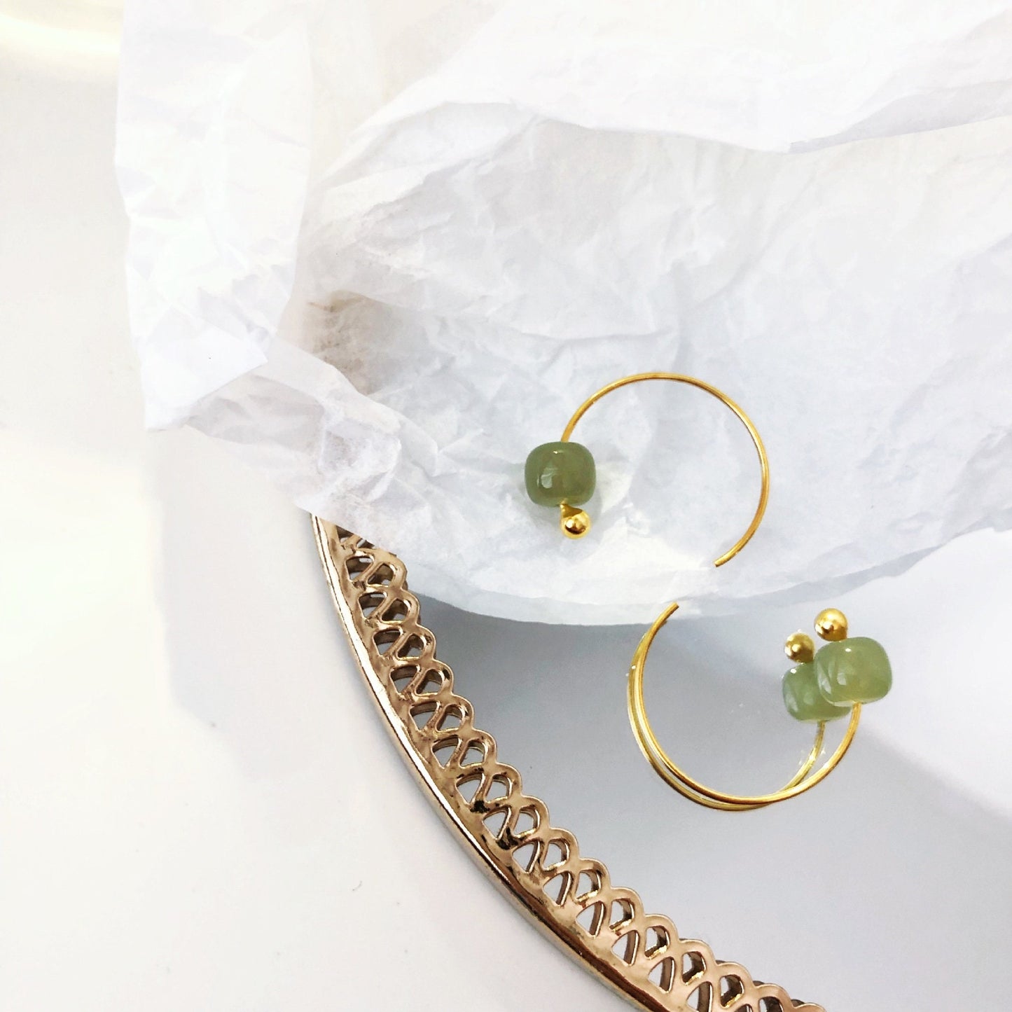 Natural Hetian Earrings, Light Green Jade Earrings, Gold Jade Earring, Half Circle Hook Earrings, Green Jade Jewelry, Jade Bead Earrings