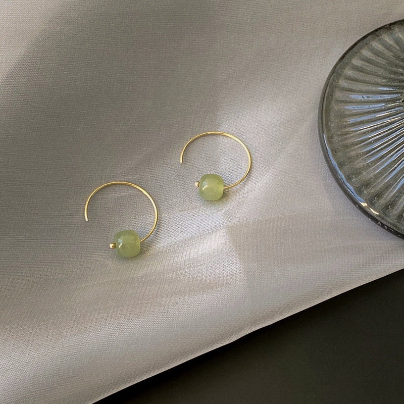 Natural Hetian Earrings, Light Green Jade Earrings, Gold Jade Earring, Half Circle Hook Earrings, Green Jade Jewelry, Jade Bead Earrings