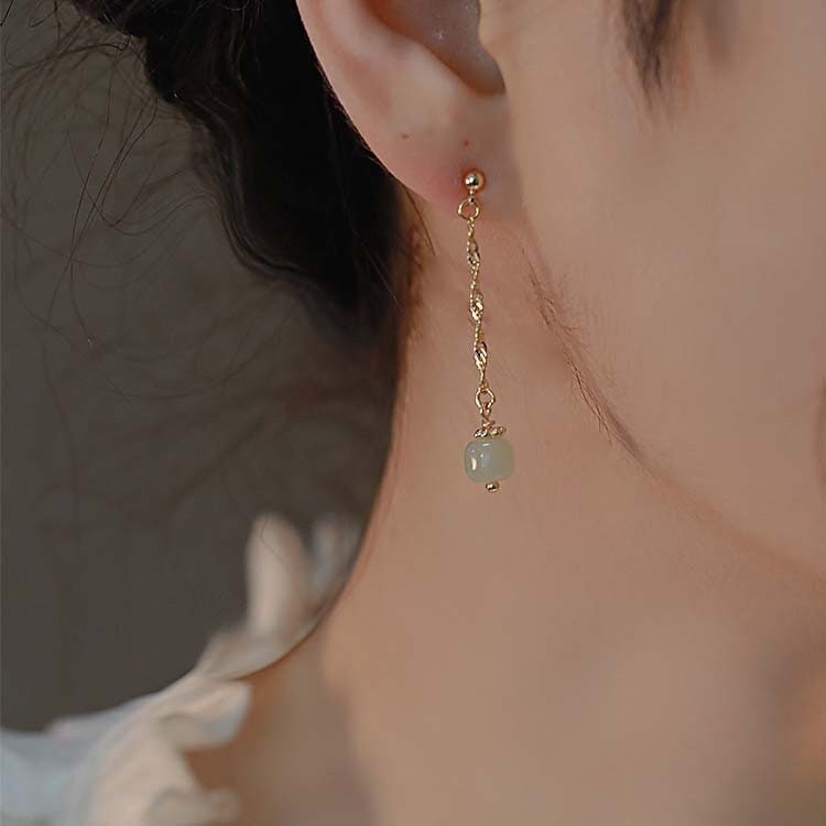 Long Drop Jade Earrings, White Hetian Jade Earring, Light Green Jade Earrings, Long Tassel Earring, Genuine Nephrite Earrings, Gold Jade