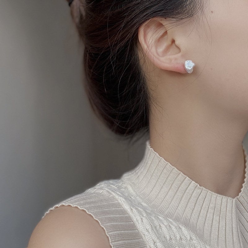 Baroque Pearl Stud Earrings, Natural Fresh Water Pearl Earrings, Single Flat Pearl Earrings, Irregular Pearl Earrings, Pearl Stud Earrings