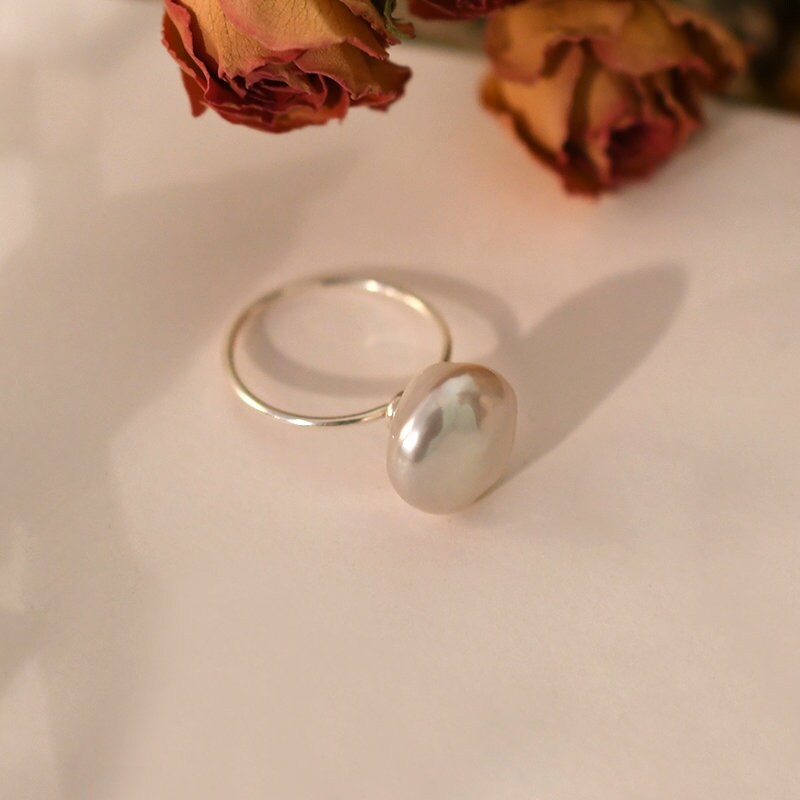 Baroque Coin Pearl Ring, Pearl Silver Ring, S925 Sterling Silver Ring, Flat Coin Pearl Ring, Natural Pearl Ring, Fresh Water Pearl Ring