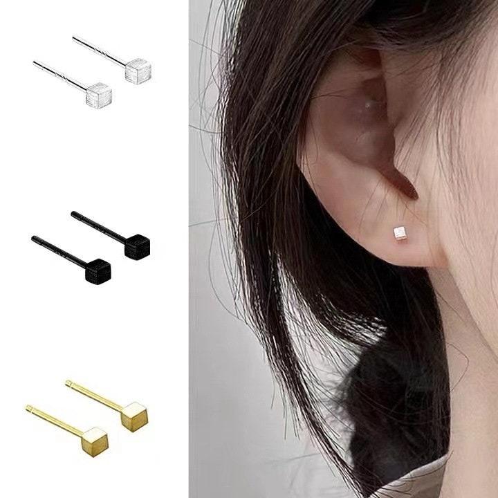 Tiny Cube Earrings, S925 Sterling Silver Earrings Stub, Gold, Silver and Black Cube, Minimalist Geometric Earrings, Mini Black Cube Earring