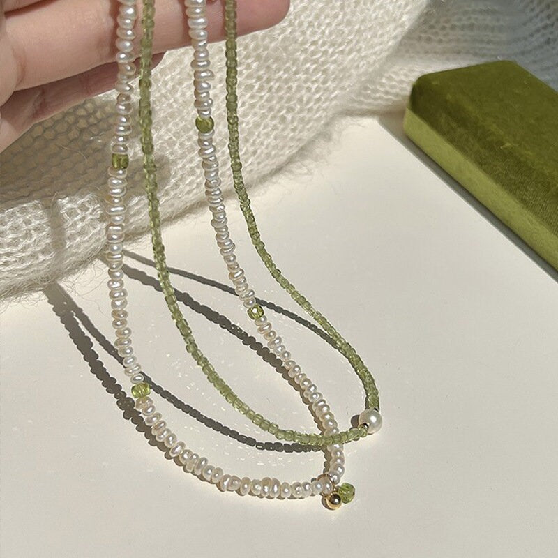 Peridot Crystal Necklace,  Natural Fresh Water Pearl Necklace, Natural Pearl Pendant, Beaded Peridot Necklace, Beaded Birthstone Necklace