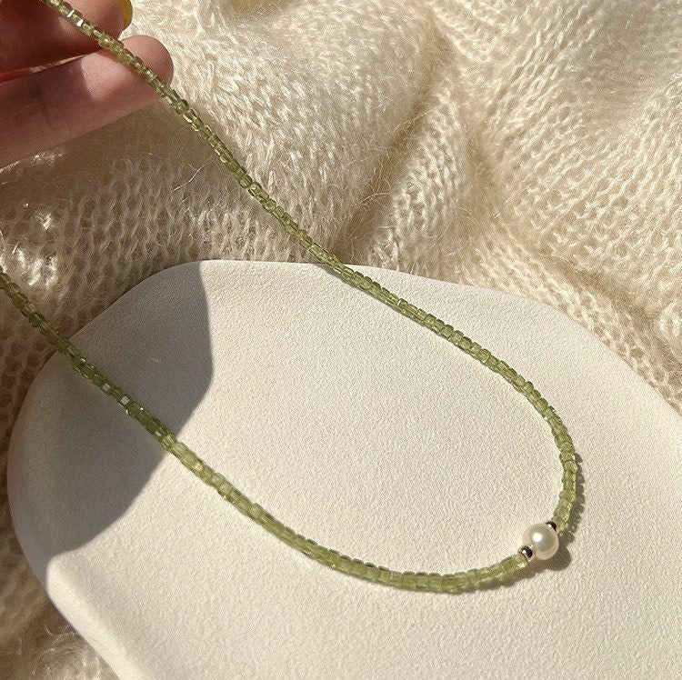 Peridot Crystal Necklace,  Natural Fresh Water Pearl Necklace, Natural Pearl Pendant, Beaded Peridot Necklace, Beaded Birthstone Necklace