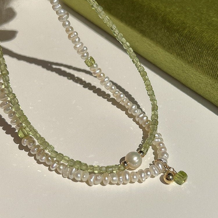 Peridot Crystal Necklace,  Natural Fresh Water Pearl Necklace, Natural Pearl Pendant, Beaded Peridot Necklace, Beaded Birthstone Necklace