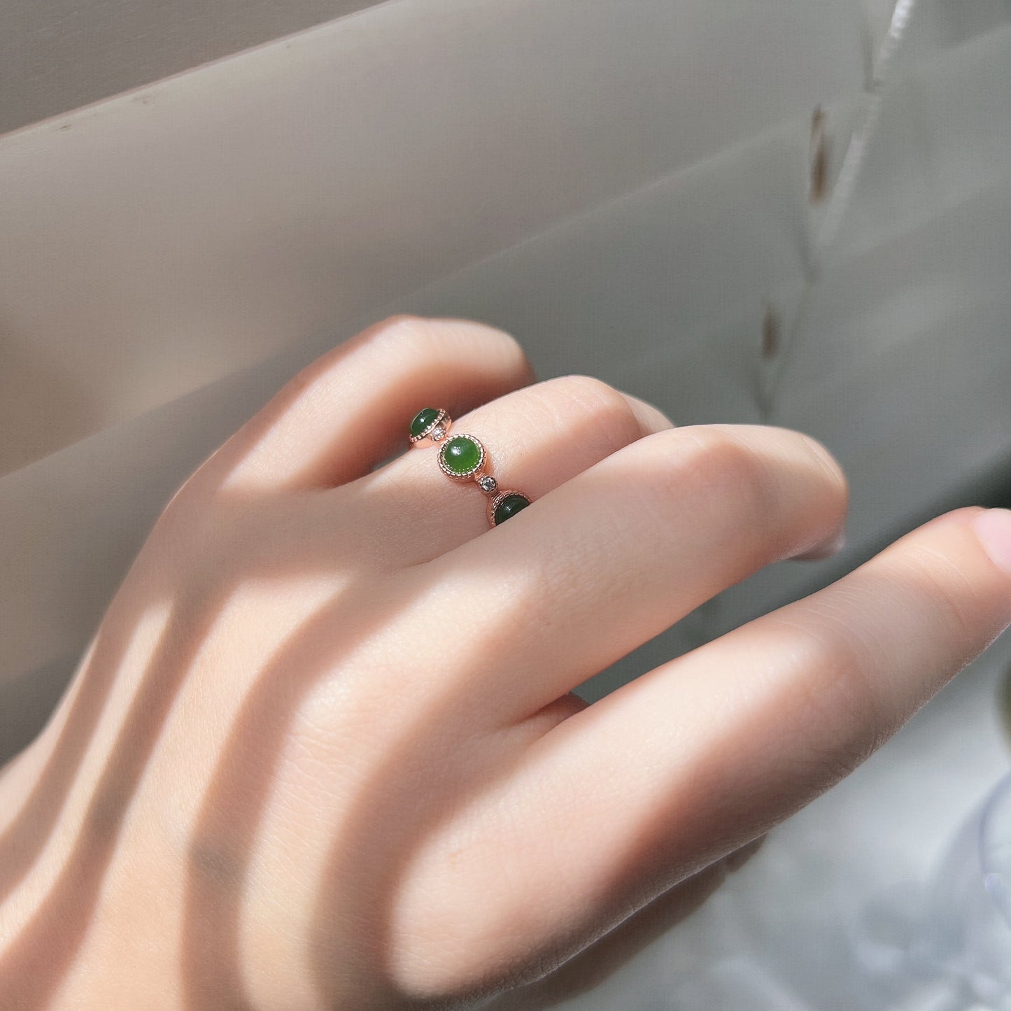 Multi Green Jade Ring, 7 Small Nephrite Silver Ring with Rose Gold Plated, 925 Sterling Silver Adjustable Band, Genuine Hetian Jade Ring