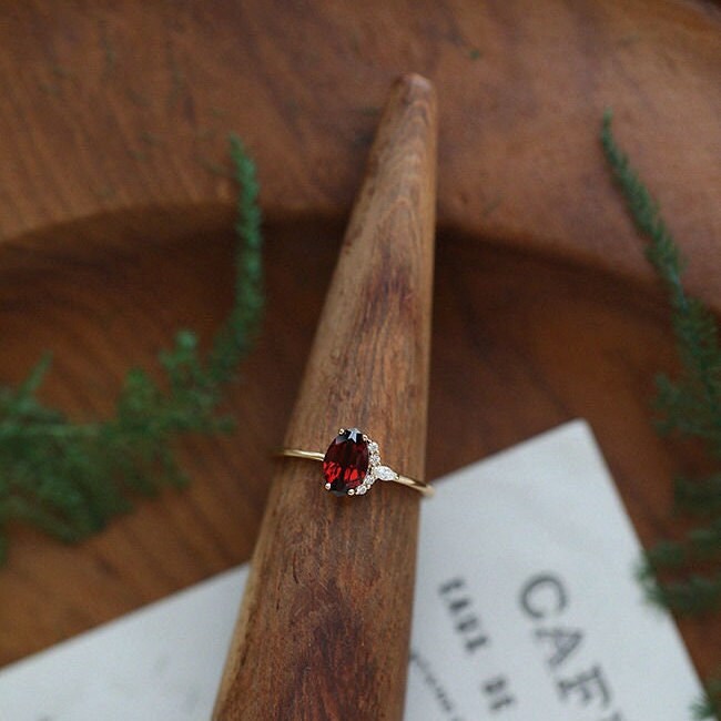 Natural Red Stone Ring, Natural Garnet Ring, S925 Silver Ring, Red Ruby Ring with diamond, Tiny Ruby Ring, Stackable Ring, Adjustable Ring