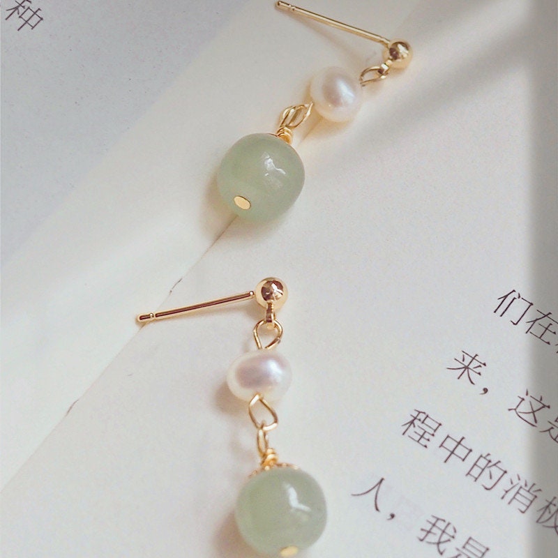 Natural Jade Earrings, Jade Pearl Earrings, Light Green Nephrite Earrings, Jade Pearl Earrings, Hetian Jade Bead Earring, Jade Gold Earrings