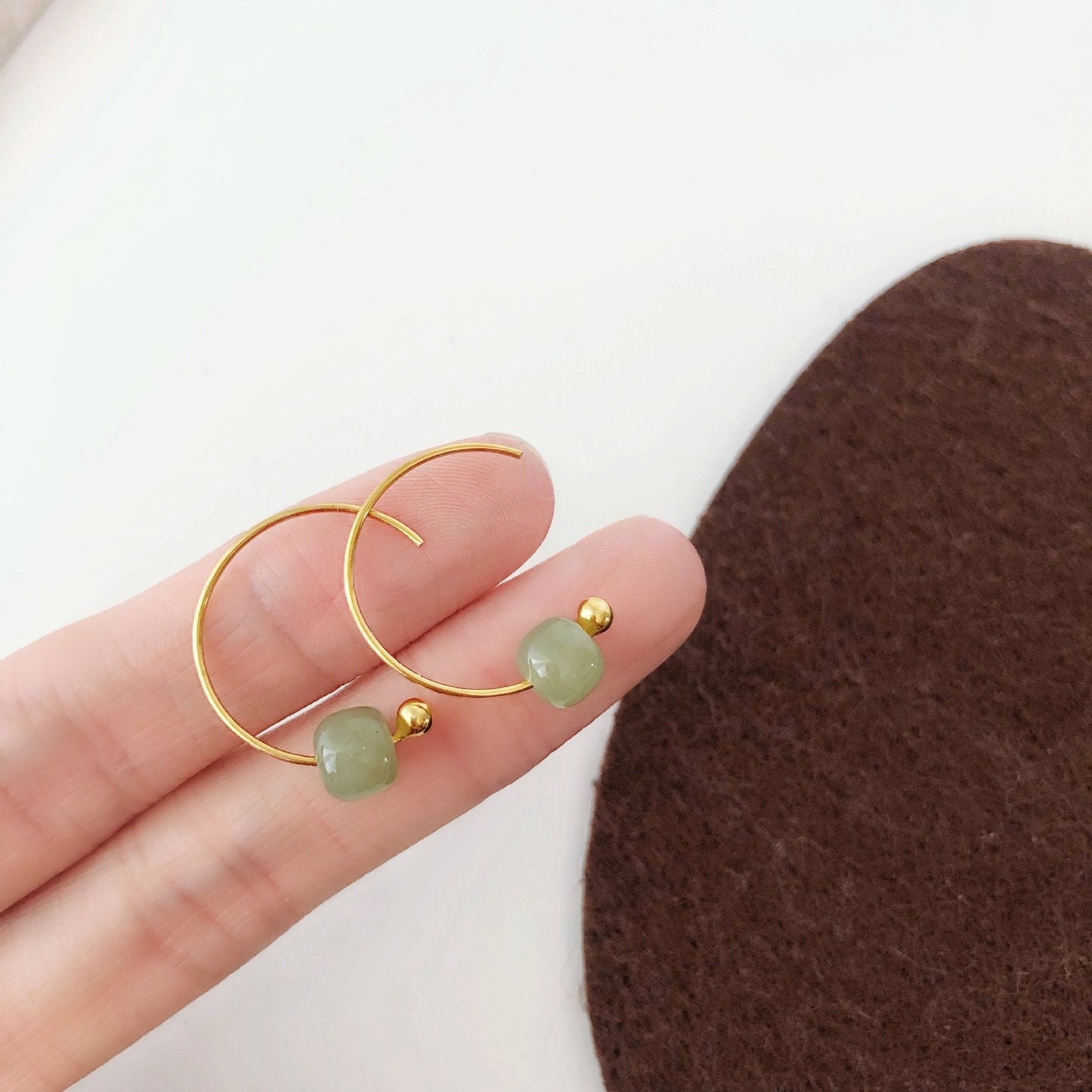 Natural Hetian Earrings, Light Green Jade Earrings, Gold Jade Earring, Half Circle Hook Earrings, Green Jade Jewelry, Jade Bead Earrings