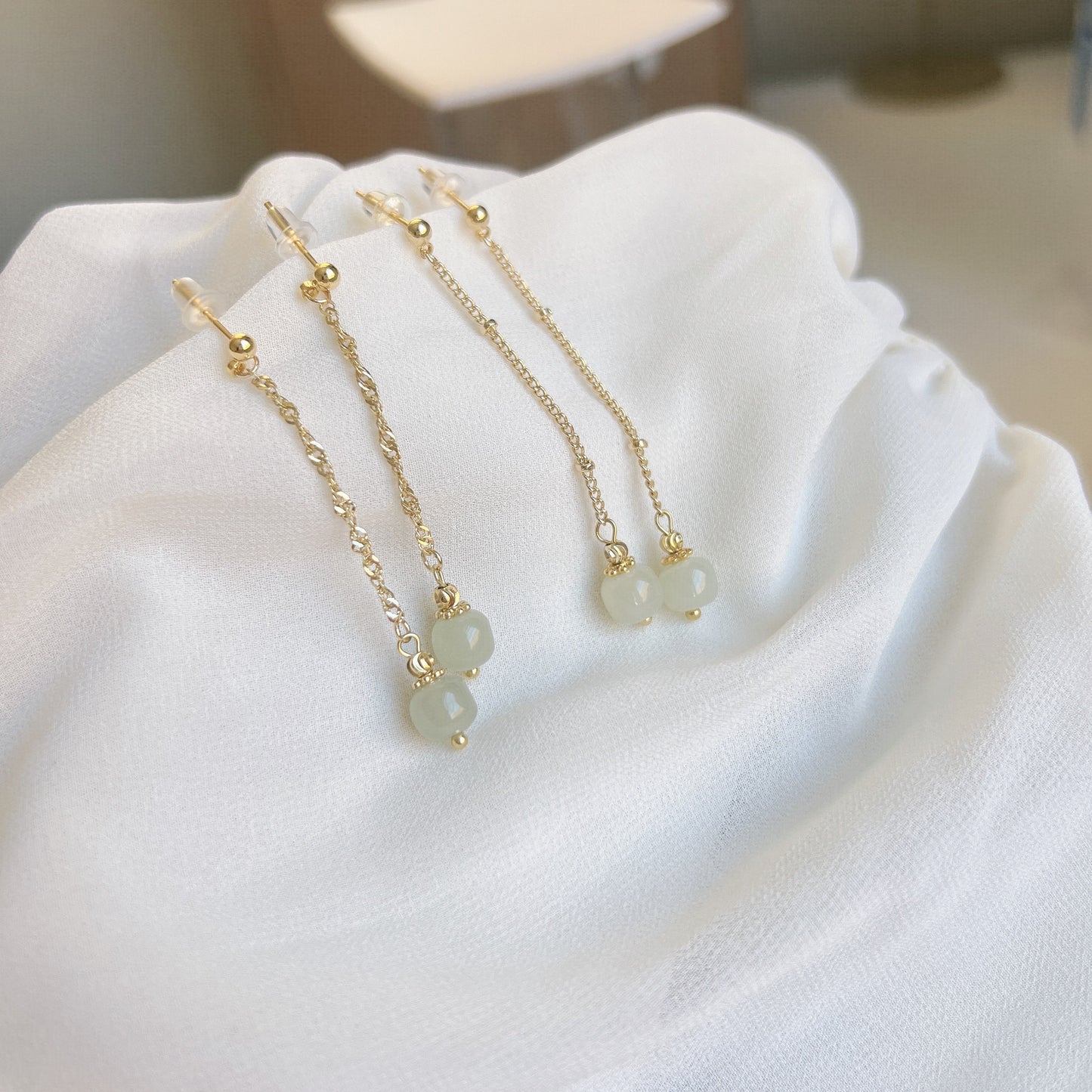 Long Drop Jade Earrings, White Hetian Jade Earring, Light Green Jade Earrings, Long Tassel Earring, Genuine Nephrite Earrings, Gold Jade