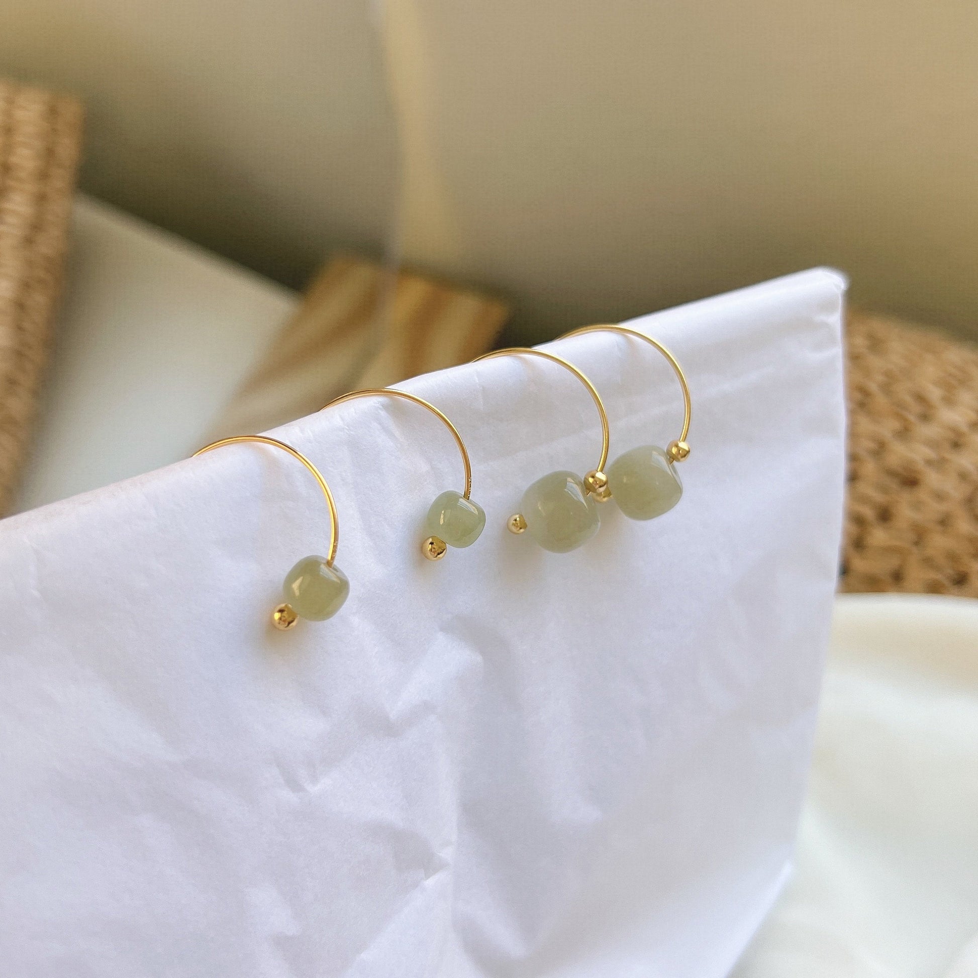 Natural Hetian Earrings, Light Green Jade Earrings, Gold Jade Earring, Half Circle Hook Earrings, Green Jade Jewelry, Jade Bead Earrings