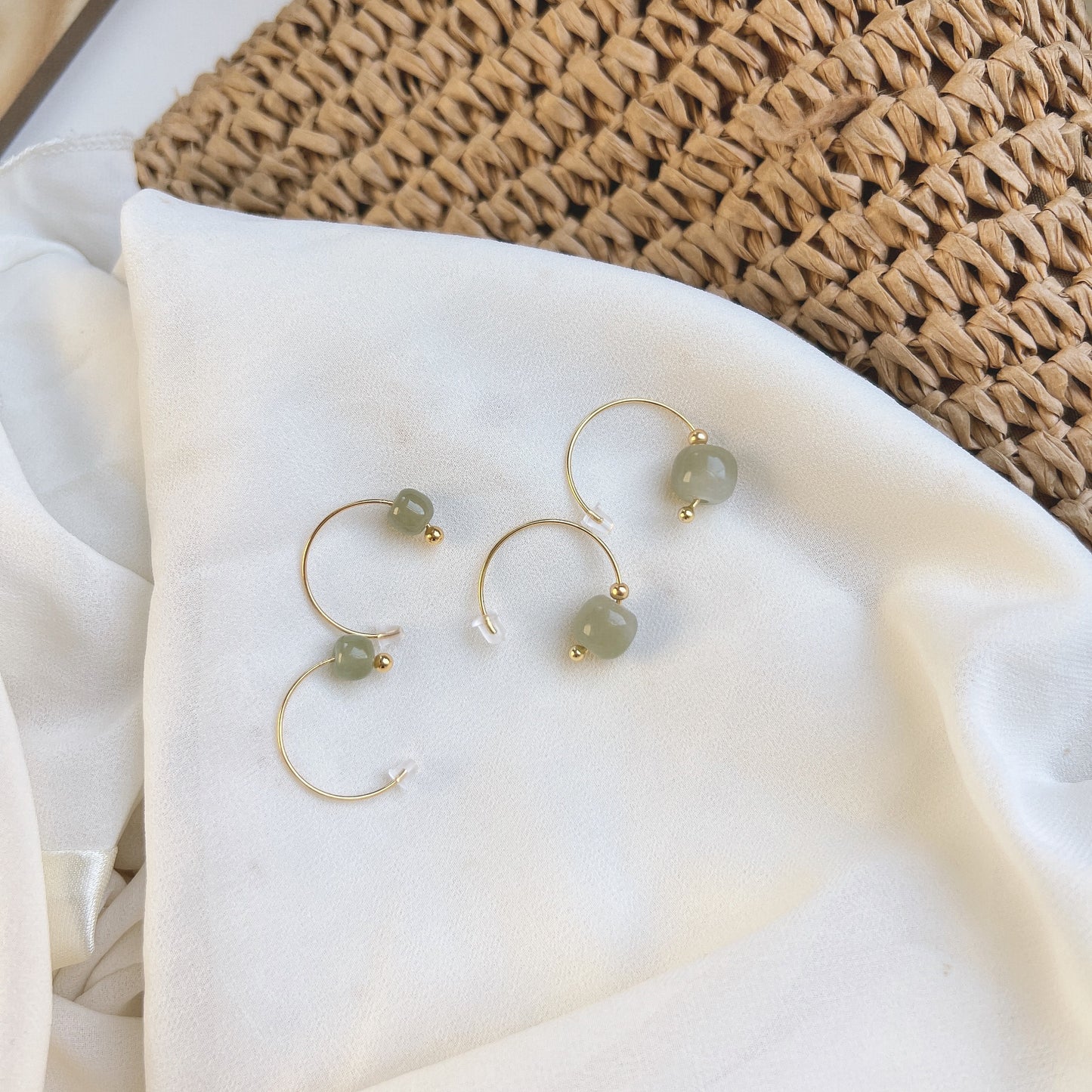 Natural Hetian Earrings, Light Green Jade Earrings, Gold Jade Earring, Half Circle Hook Earrings, Green Jade Jewelry, Jade Bead Earrings