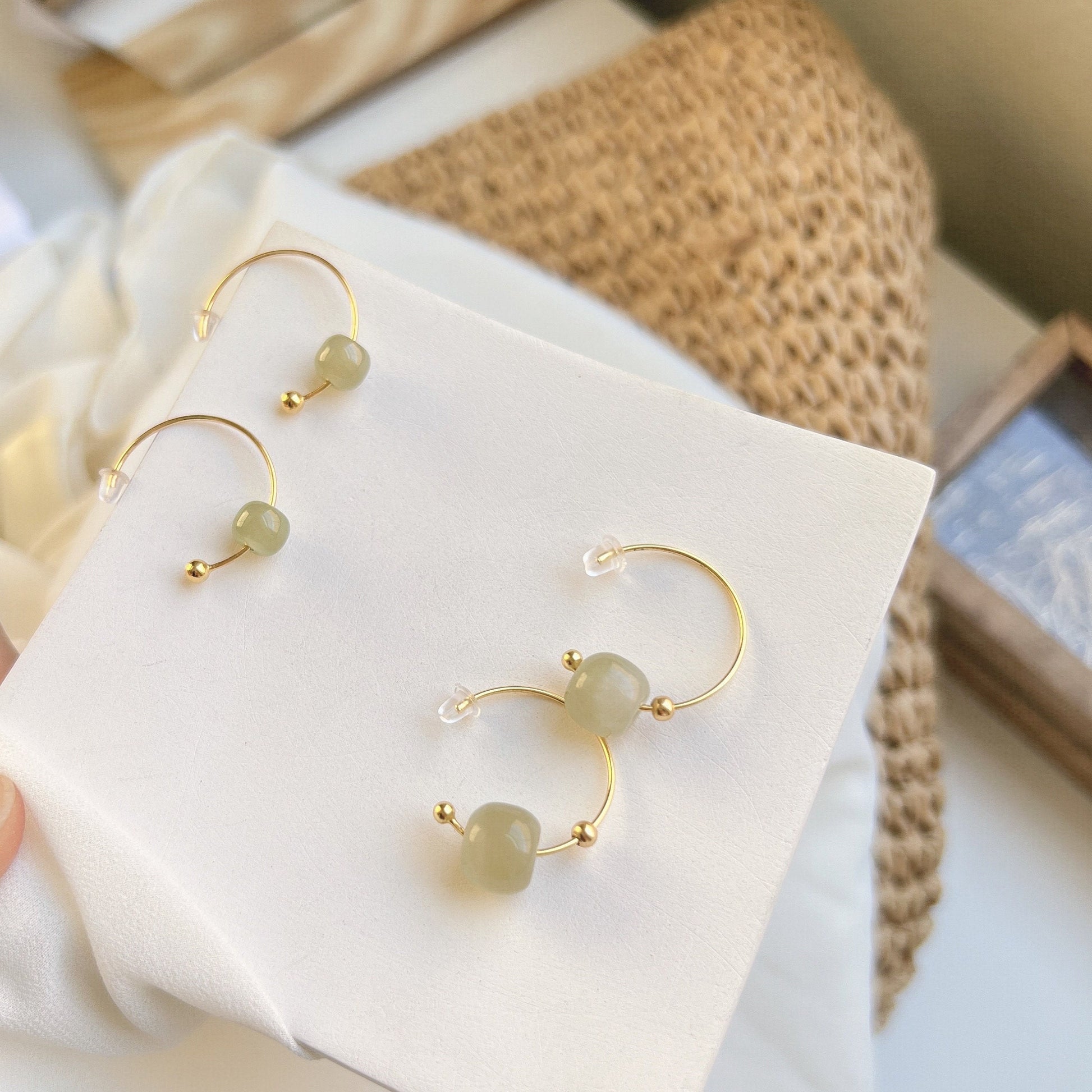 Natural Hetian Earrings, Light Green Jade Earrings, Gold Jade Earring, Half Circle Hook Earrings, Green Jade Jewelry, Jade Bead Earrings