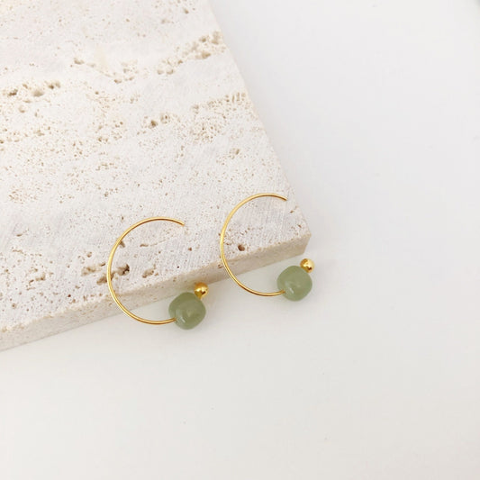 Natural Hetian Earrings, Light Green Jade Earrings, Gold Jade Earring, Half Circle Hook Earrings, Green Jade Jewelry, Jade Bead Earrings