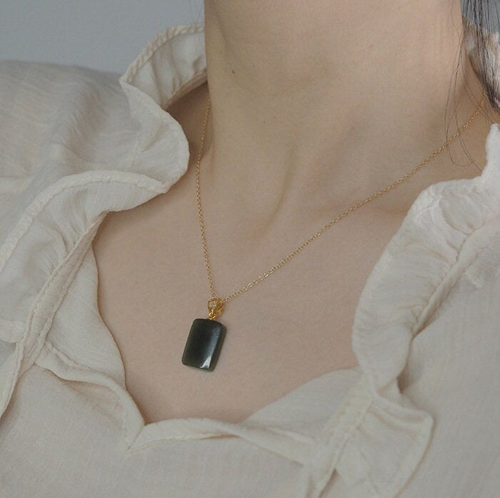 Natural Jade Pendant Necklace, Rectangle Jade Necklace, Hetian Jade Necklace, Dark Green Jade Necklace, Dainty Jade Necklace, Good Luck Gift