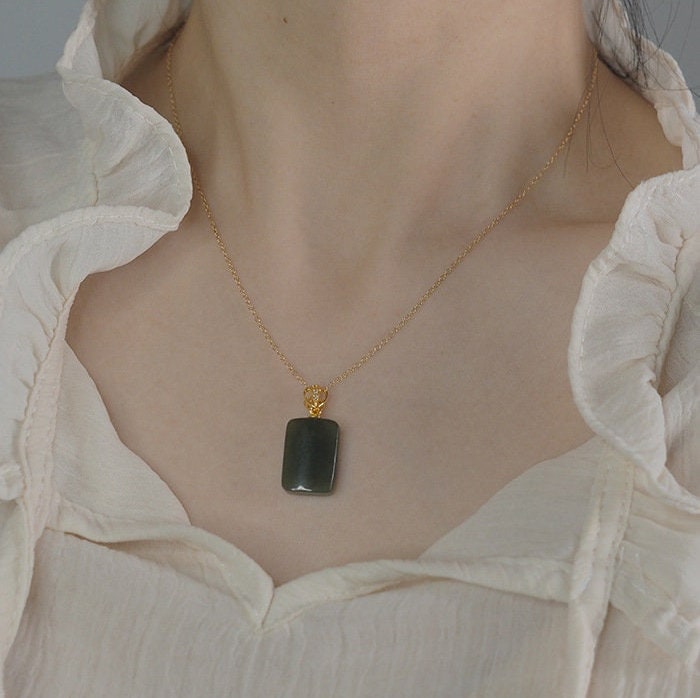 Natural Jade Pendant Necklace, Rectangle Jade Necklace, Hetian Jade Necklace, Dark Green Jade Necklace, Dainty Jade Necklace, Good Luck Gift