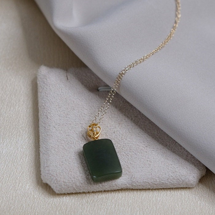 Natural Jade Pendant Necklace, Rectangle Jade Necklace, Hetian Jade Necklace, Dark Green Jade Necklace, Dainty Jade Necklace, Good Luck Gift