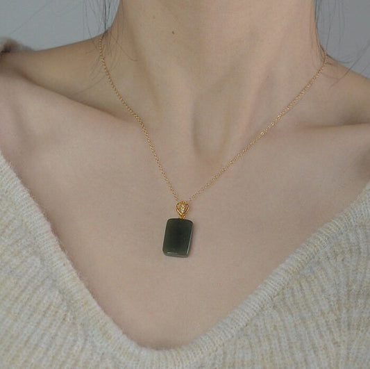 Natural Jade Pendant Necklace, Rectangle Jade Necklace, Hetian Jade Necklace, Dark Green Jade Necklace, Dainty Jade Necklace, Good Luck Gift