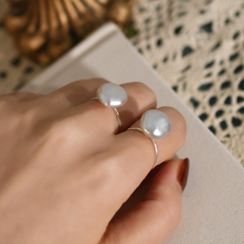 Baroque Coin Pearl Ring, Pearl Silver Ring, S925 Sterling Silver Ring, Flat Coin Pearl Ring, Natural Pearl Ring, Fresh Water Pearl Ring