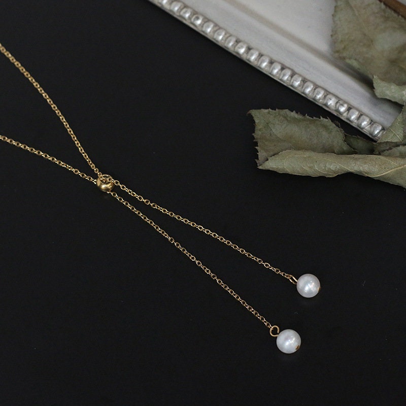 Fresh Water Pearl Necklace, Wedding Pearl Necklace, 18K Gold Color Pearl Necklace, Y Lariat Pearl Necklace, Wedding Dainty Pearl Necklace