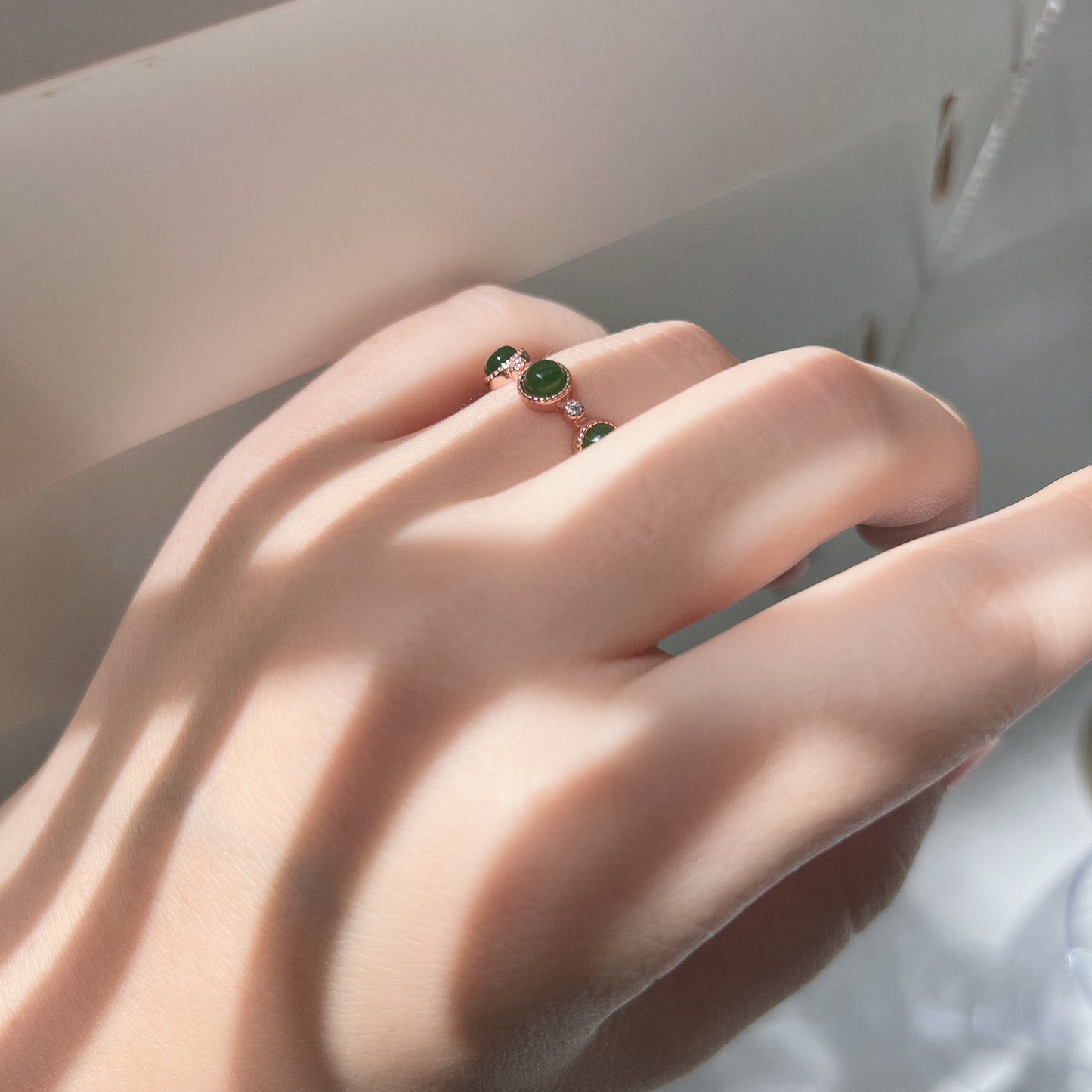 Multi Green Jade Ring, 7 Small Nephrite Silver Ring with Rose Gold Plated, 925 Sterling Silver Adjustable Band, Genuine Hetian Jade Ring