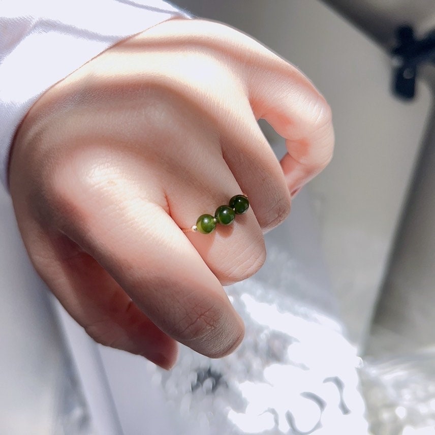 Green Jade Ring, Tiny Jade Beads Stackable Ring, Dainty Jade Ring, Thin Gold Band, Genuine Hetian Jade, Stackable Ring, Multi Stone Ring