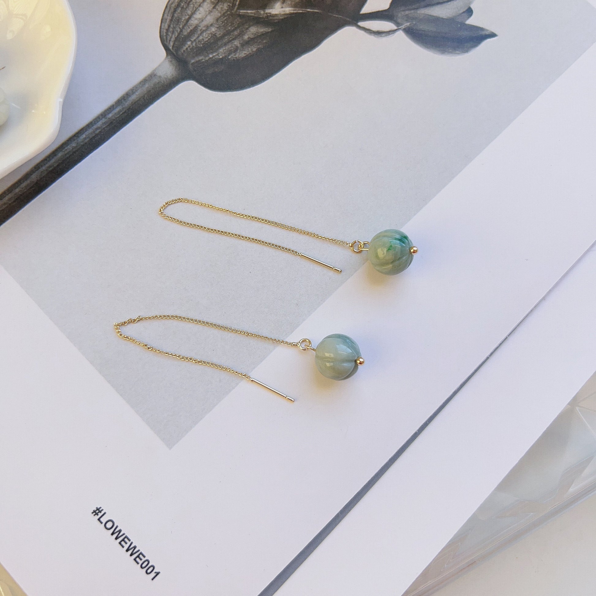 Long Drop Jadeite Earrings, Pumpkin Earrings, Halloween Earrings, Light Green Jadeite Earrings, White Pumpkin Earrings, Natural Jade Stone