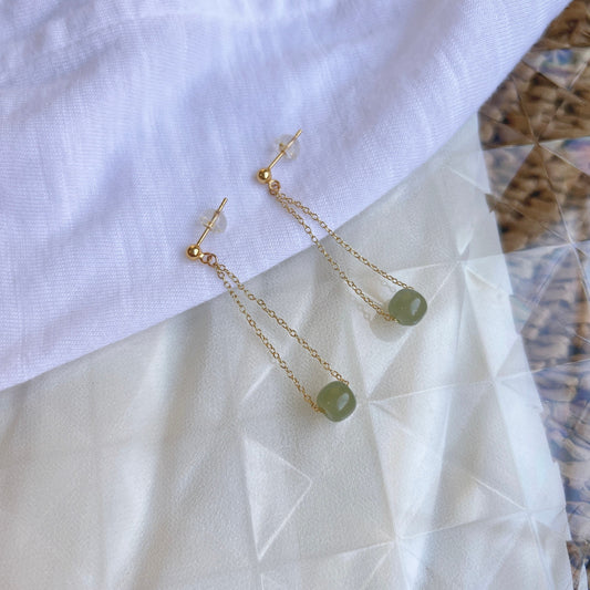 Natural Jade Long Drop Earrings, Light Green Jade Earring, Gold Jade Earring, Silver Jade Earring, Tassel Bead Earring, Hetian Jade Jewelry