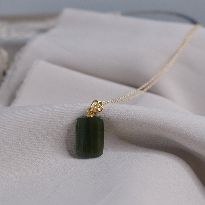 Natural Jade Pendant Necklace, Rectangle Jade Necklace, Hetian Jade Necklace, Dark Green Jade Necklace, Dainty Jade Necklace, Good Luck Gift