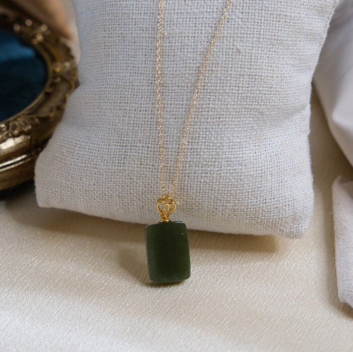 Natural Jade Pendant Necklace, Rectangle Jade Necklace, Hetian Jade Necklace, Dark Green Jade Necklace, Dainty Jade Necklace, Good Luck Gift