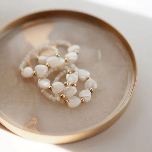 Bohemian Stretch Ring, Natural Shell Stretch Ring, Natural Stone Ring, Handmade White Small Beads Elastic Ring, Adjustable Stacking Ring