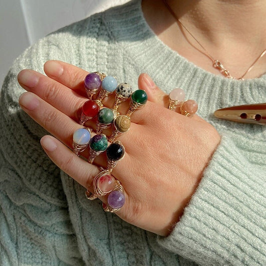 Boho Style Hand Craft Natural Stone Ring, Wire Wrapped Single Gemstone Ring, Amethysts  Jasper Lava Quartz Opal Green/Red/Black Agate