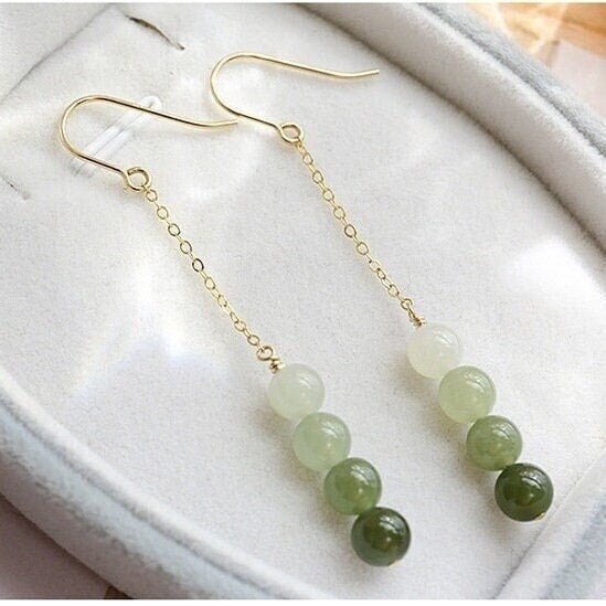 Gradient Jade Long Drop Earrings, Jade Earrings, Jade Dangle Earrings, Genuine Nephrite Beads Tassel Earrings, Gold Jade Tassel Earrings