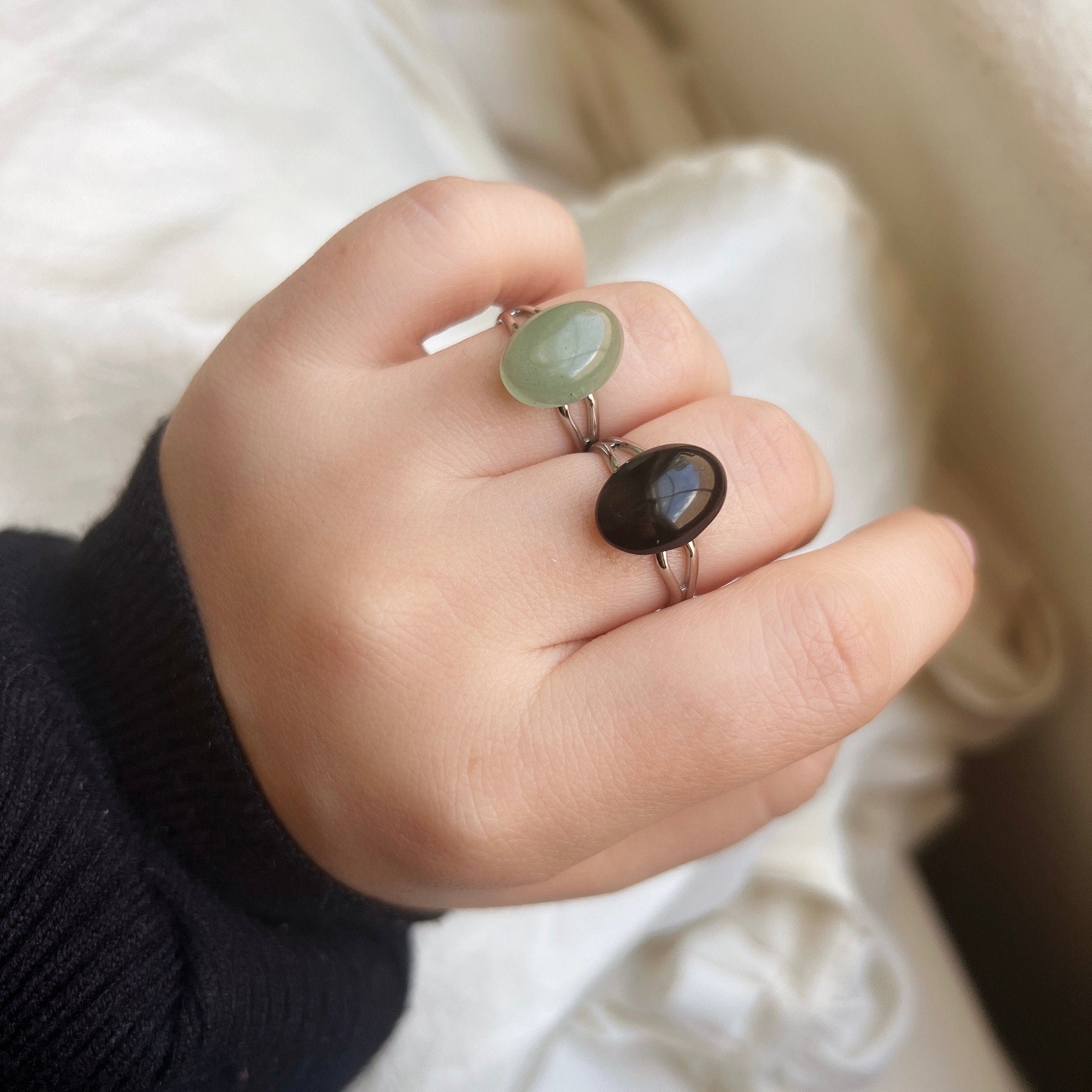 Boho Style Natural Stone Oval Ring, Simple Medium Gemstone Ring, Minimalist Adjustable Ring, Rose Quartz, Green Aventurine, Black Agate